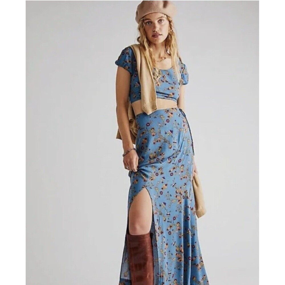 Free People Women Talia Blue Floral Medium Skirt Crop Top Two Piece Boho Set New